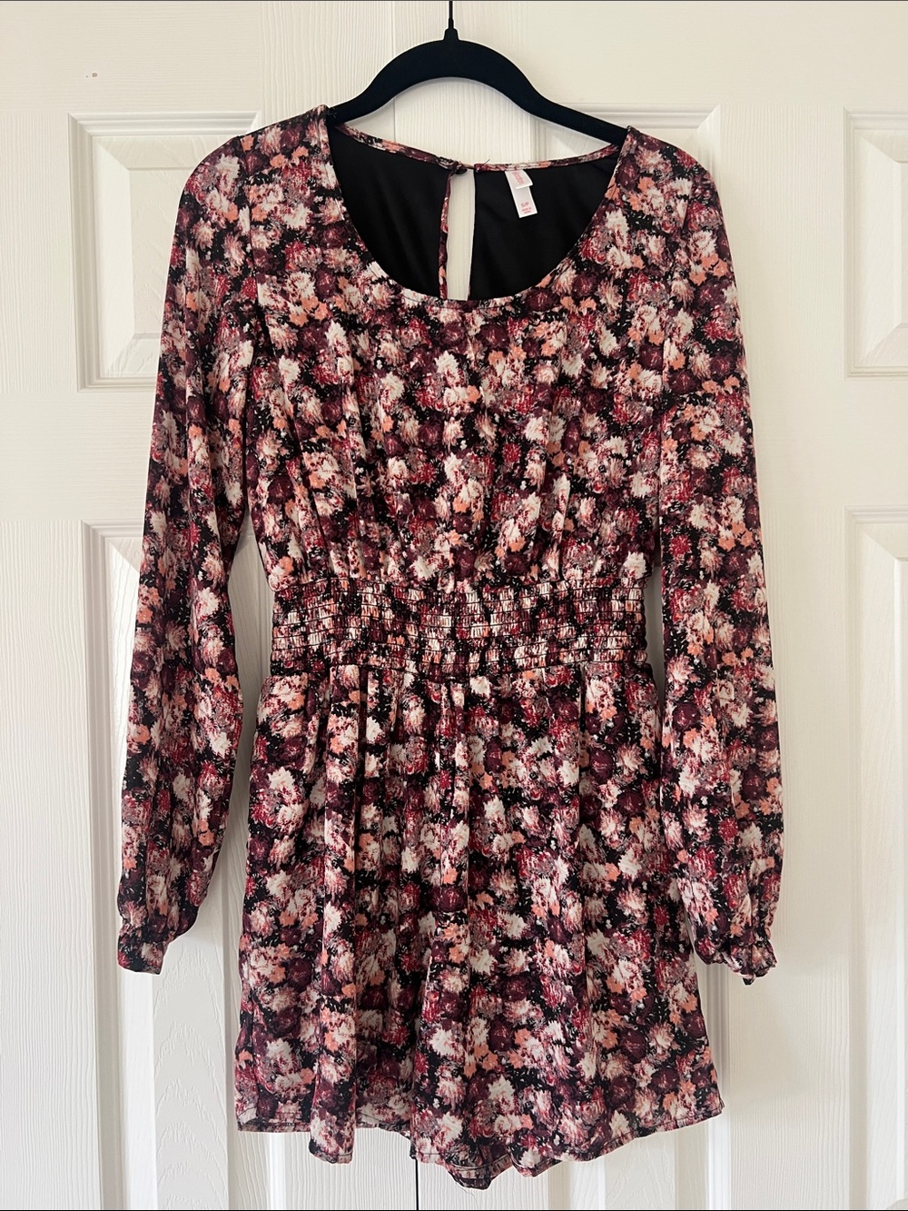 Xhilaration Floral Long-Sleeve Romper in Burgundy and Pink